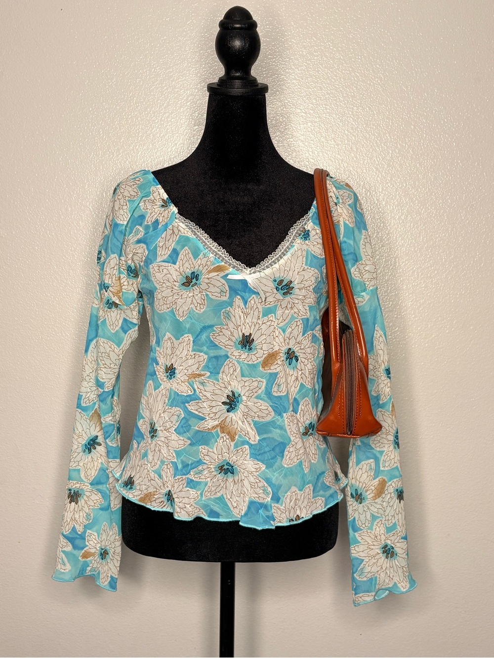 Turquoise Floral V-Neck Long Sleeve Blouse - Women's